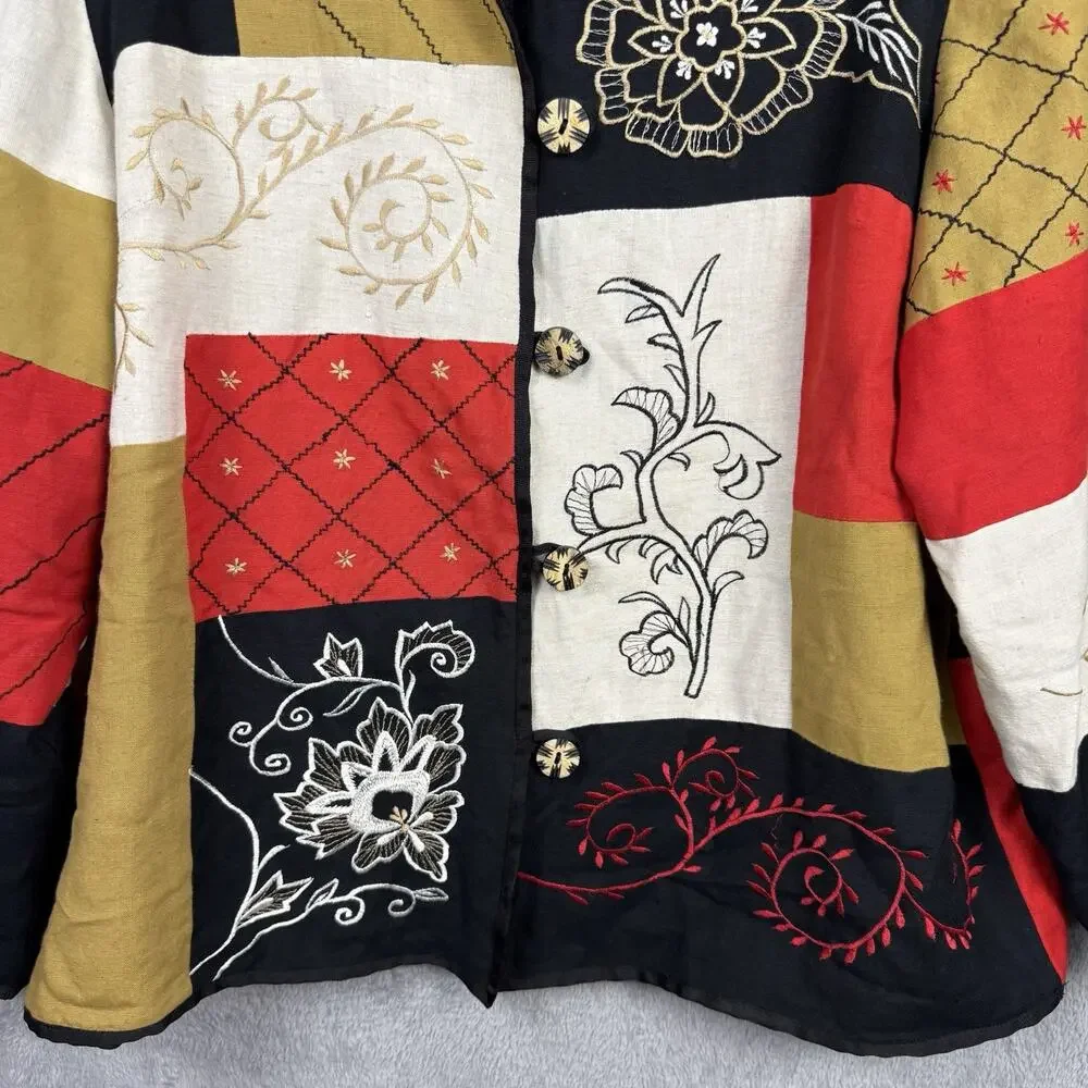 Vtg Allure Patchwork Blazer Jacket 1X Boho Peasant Embroidered Cotton Flax Blend